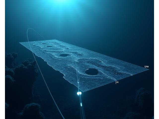 海底ケーブルが深海を横断し、そのルートに沿って詳細な海底地形プロファイルデータが示されている
