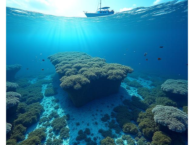 漁船が豊かな漁場を航行し、その海底下には魚礁と海底地形が鮮やかにマッピングされている