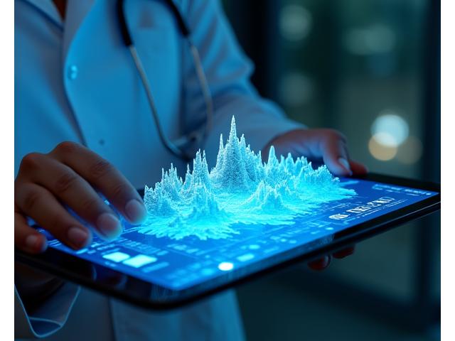 科学者がデータチャートと海洋生態系の3Dモデルを解析している様子