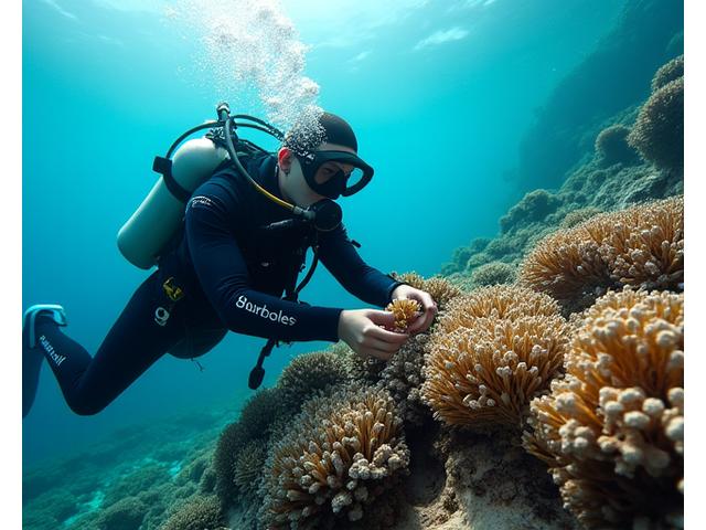 専門家がサンゴの苗を海底に植え付けている様子。透明な海と豊かな海洋生物。