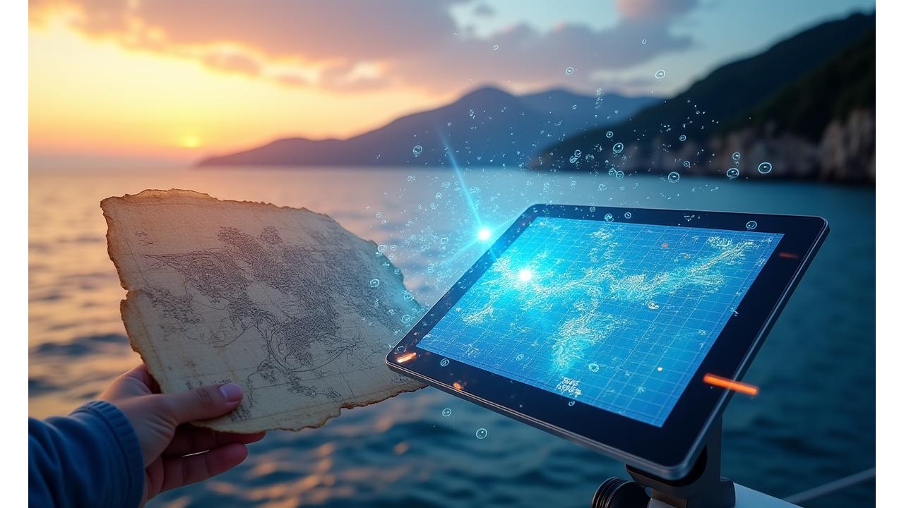 古地図と現代のデジタル海図が重ねて表示され、テクノロジーが伝統を尊重し、未来につなぐ様子を示す