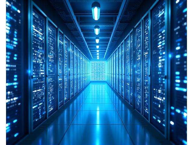 SF的なサーバー室の中で、精密海図データが3Dで視覚化され、AIが処理中の様子。