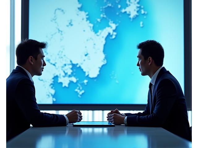 顧客オフィスで、Ryoba Compassの担当者がタブレットで完成した海図データを見せている様子。