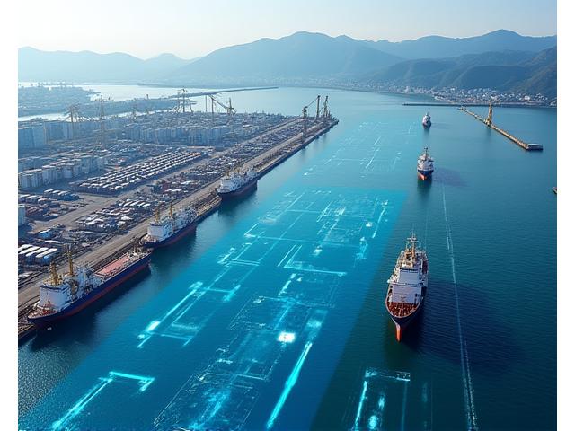 航空写真のように上空から見た大規模な港湾施設に、精密な電子海図が重ねて表示されている。