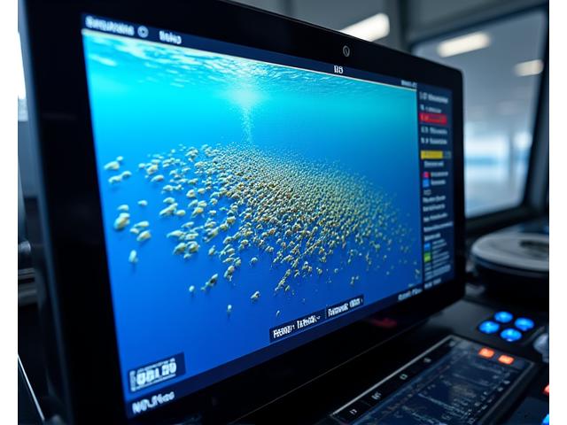 大型ディスプレイに魚群探知ソナーがリアルタイムで魚群を表示している様子